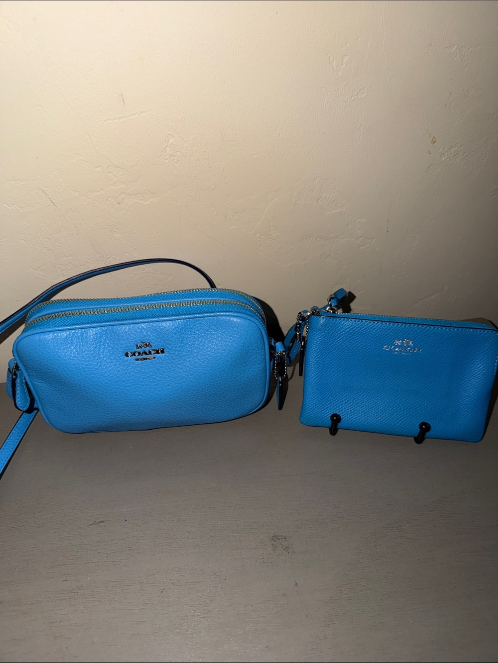 Coach Pebbled Leather Crossbody and Wristlet in Bright Blue